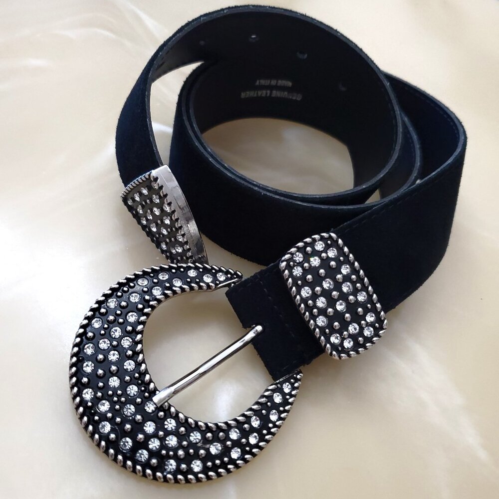 Genuine Italian Leather Belt Bling Buckle Rhinestones Silver Tone Hardware